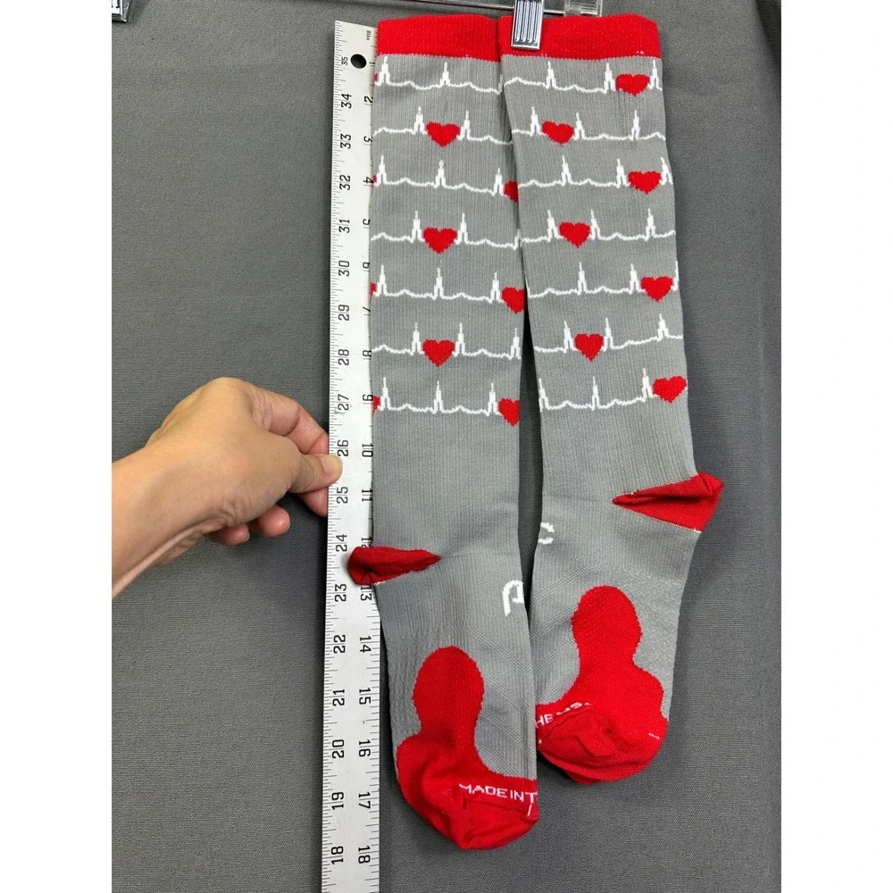 2 pairs Grey Heartbeat EKG Compression Socks Red Hearts Knee High USA Size SM/MD